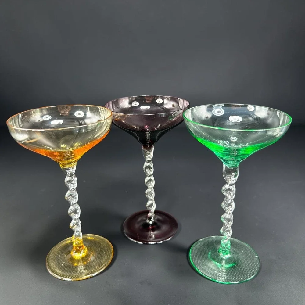 Pier 1 Martini Glasses Set of 3 Twisted Stem Amber Plum Green Barware Glasses